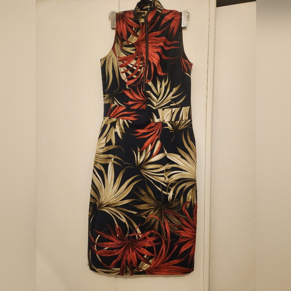 Red and Tan Sheath Dress with Mock Neck for Cocktail
